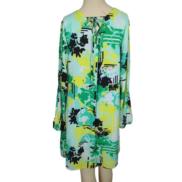 KAARI Blue V-Neck Long keyhole Sleeve yellow green abstract print Dress Size L - Picture 3 of 16
